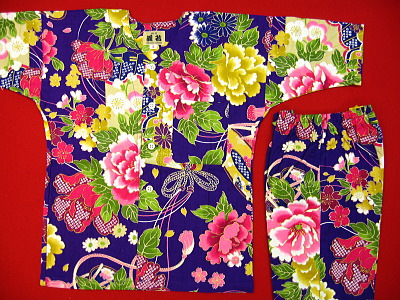 金彩牡丹と桜（紫）１号サイズ（９０）子供鯉口シャツ上下組・義若オリジナル
