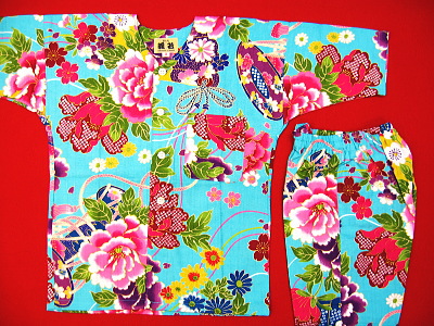 金彩牡丹と桜（水色・ターコイズブルー）３号サイズ（１１０）子供鯉口シャツ上下組・義若オリジナル