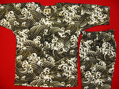 黄金波(黒）２号サイズ（１００）子供鯉口シャツ上下組・義若オリジナル