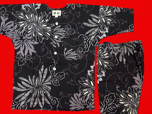 乱菊と唐草（黒）３号サイズ（１１０）子供鯉口シャツ上下組・義若オリジナル