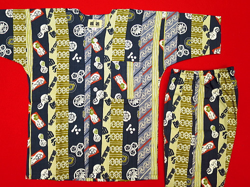 大江戸浅草縞(紺カラシ系)５号サイズ（１３０）子供鯉口シャツ上下組・義若オリジナル