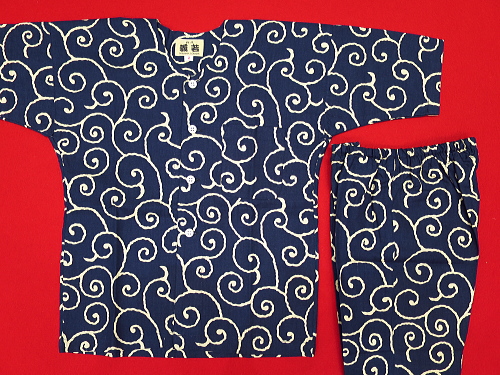 唐草・からくさ（紺）２号サイズ（１００）子供鯉口シャツ上下組・義若オリジナル