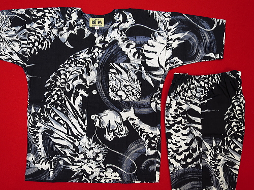 激龍・墨絵調(黒)３号サイズ（１１０）子供鯉口シャツ上下組・義若オリジナル