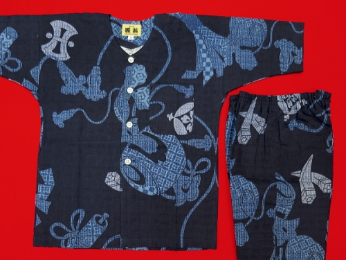 宝尽くし・小槌（藍紺）３号サイズ（１１０）子供鯉口シャツ上下組・義若オリジナル