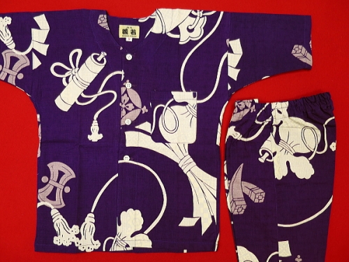 宝尽くし・小槌（紫）３号サイズ（１１０）子供鯉口シャツ上下組・義若オリジナル