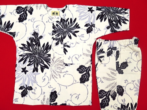 乱菊と唐草（白黒）３号サイズ（１１０）子供鯉口シャツ上下組・義若オリジナル