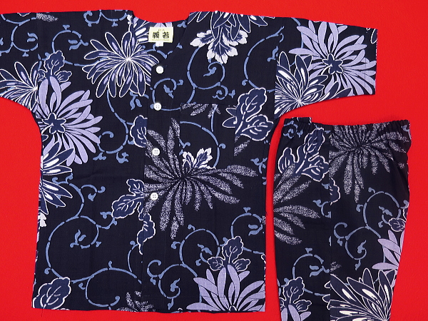 乱菊と唐草（紺）３号サイズ（１１０）子供鯉口シャツ上下組・義若オリジナル