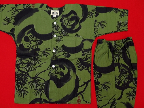福だるまと松（渋緑）２号サイズ（１００）子供鯉口シャツ上下組・義若オリジナル