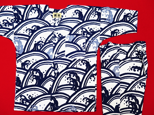 青海波に波濤（白紺）３号サイズ（１１０）子供鯉口シャツ上下組・義若オリジナル