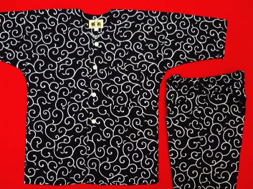 唐草・からくさ（黒）２号サイズ（１００）子供鯉口シャツ上下組・義若オリジナル