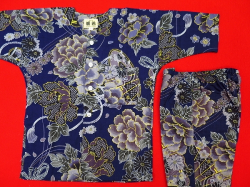 金彩牡丹と桜（渋藍紺）２号サイズ（１００）子供鯉口シャツ上下組・義若オリジナル