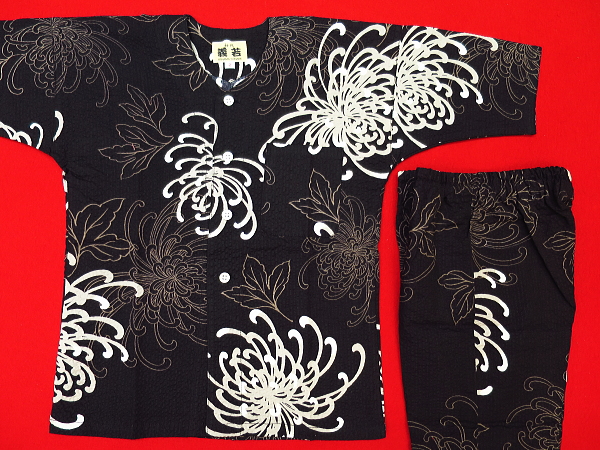 大乱菊（黒）２号サイズ（１００）子供鯉口シャツ上下組・義若オリジナル