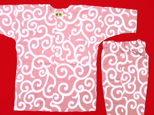 大唐草（ピンク）２号サイズ（１００）子供鯉口シャツ上下組・義若オリジナル