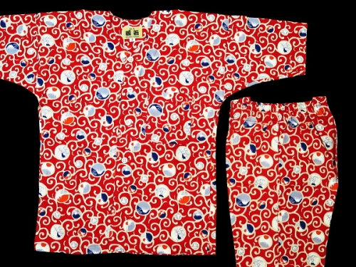 唐草に富士山（赤）１号サイズ（９０）子供鯉口シャツ上下組・義若オリジナル