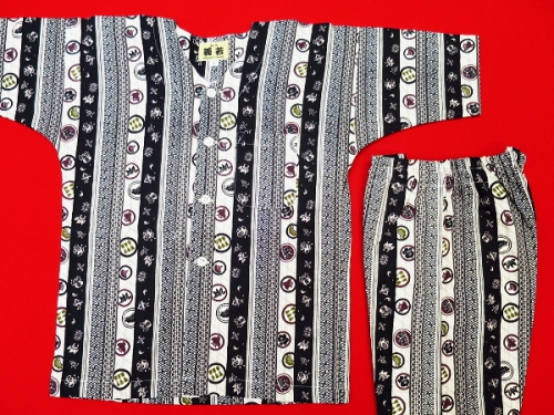 江戸浅草縞紋様（黒ベージュ）２号サイズ（１００）子供鯉口シャツ上下組・義若オリジナル