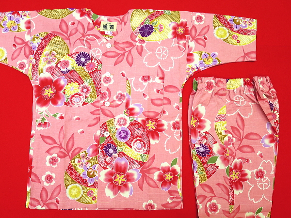 まりと桜（ピンク）１号サイズ（９０）子供鯉口シャツ上下組・義若オリジナル