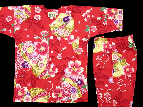 まりと桜（赤）３号サイズ（１１０）子供鯉口シャツ上下組・義若オリジナル