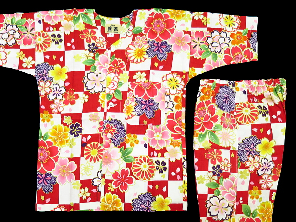 市松に桜（赤）２号サイズ（１００）子供鯉口シャツ上下組・義若オリジナル