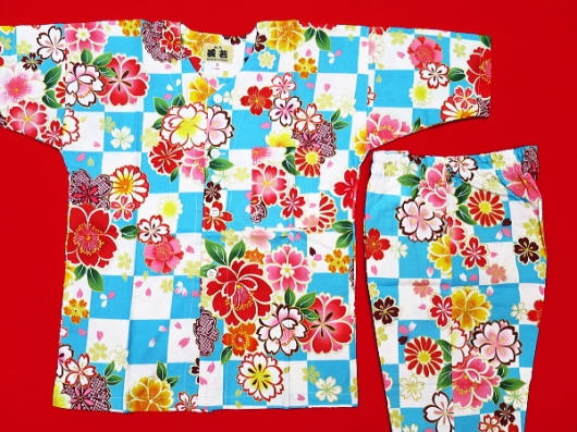 市松に桜（水色）２号サイズ（１００）子供鯉口シャツ上下組・義若オリジナル