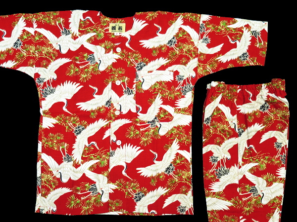 飛翔鶴と松 （赤）１号サイズ（９０）子供鯉口シャツ上下組・義若オリジナル