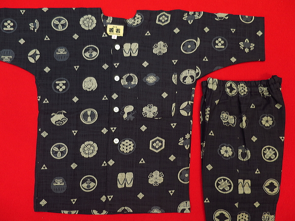 日本文様と家紋（黒）１号サイズ（９０）子供鯉口シャツ上下組・義若オリジナル