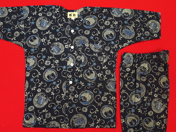鶴亀と唐草（紺）２号サイズ（１００）子供鯉口シャツ上下組・義若オリジナル