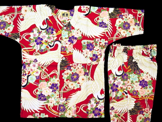 金彩鶴と久寿玉（赤）３号サイズ（１１０）子供鯉口シャツ上下組・義若オリジナル