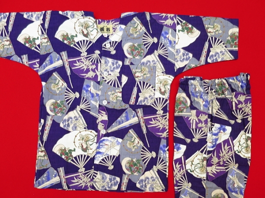 風神雷神扇尽くし（紫）２号サイズ（１００）子供鯉口シャツ上下組・義若オリジナル