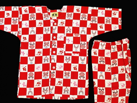歌舞伎市松（赤）２号サイズ（１００）子供鯉口シャツ上下組・義若オリジナル