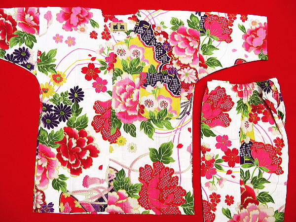 金彩牡丹と桜（赤白）５号サイズ（１３０）子供鯉口シャツ上下組・義若オリジナル