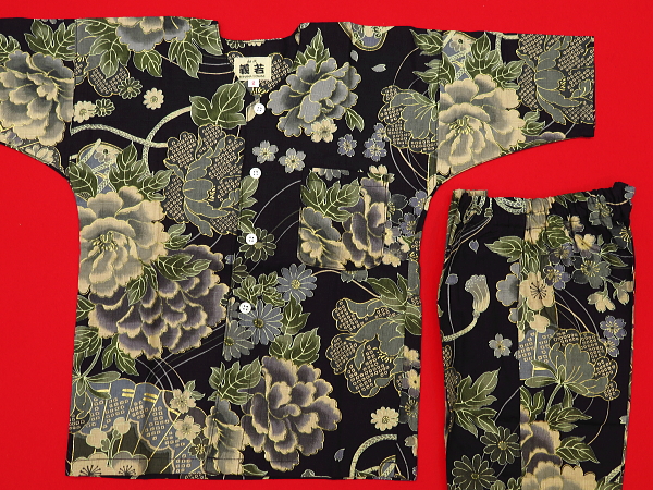 金彩牡丹と桜（黒カーキ）３号サイズ（１１０）子供鯉口シャツ上下組・義若オリジナル