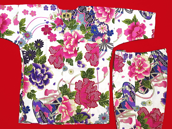 金彩牡丹と桜（白ピンク紫）１号サイズ（９０）子供鯉口シャツ上下組・義若オリジナル