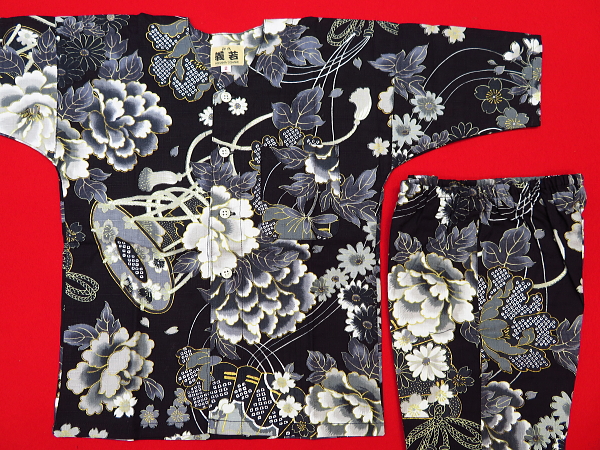 金彩牡丹と桜（黒）２号サイズ（１００）子供鯉口シャツ上下組・義若オリジナル