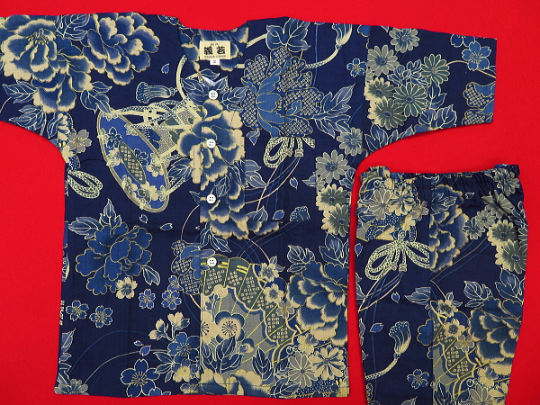 金彩牡丹と桜 (藍紺）２号サイズ（１００）子供鯉口シャツ上下組・義若オリジナル