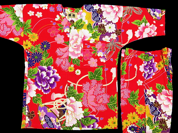 金彩牡丹と桜(赤）１号サイズ（９０）子供鯉口シャツ上下組・義若オリジナル