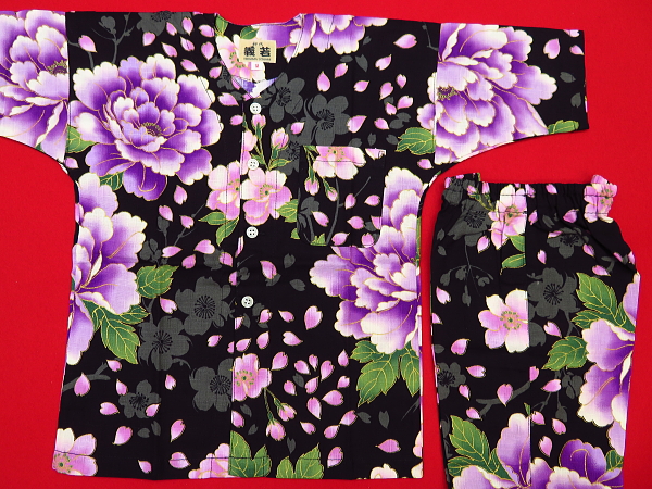 金彩桜吹雪に大牡丹（黒紫）１号サイズ（９０）子供鯉口シャツ上下組・義若オリジナル