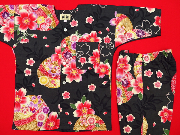 まりと桜（黒）１号サイズ（９０）子供鯉口シャツ上下組・義若オリジナル