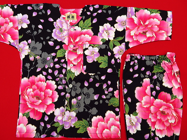 金彩桜吹雪に大牡丹（黒ピンク）１号サイズ（９０）子供鯉口シャツ上下組・義若オリジナル