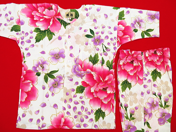 金彩桜吹雪に大牡丹（白ピンク紫）１号サイズ（９０）子供鯉口シャツ上下組・義若オリジナル