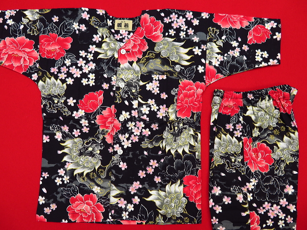 金彩唐獅子牡丹と桜吹雪（黒赤）２号サイズ（１００）子供鯉口シャツ上下組・義若オリジナル