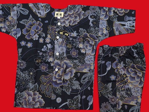 金彩牡丹と桜（藍黒）３号サイズ（１１０）子供鯉口シャツ上下組・義若オリジナル