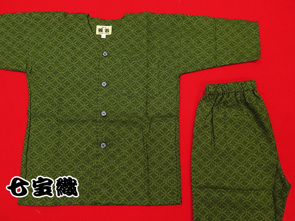 義若こだわりの七宝織り（抹茶緑）２号サイズ（１００）子供鯉口シャツ上下組