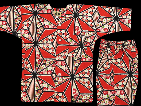 麻の葉模様に小花（赤）２号サイズ（１００）子供鯉口シャツ上下組・義若オリジナル