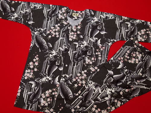 鯉の滝昇り（鉄黒ピンク）超幅広サイズ（４Ｌ） 大人鯉口シャツ単品