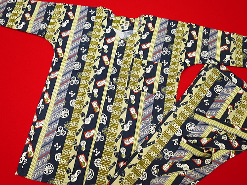 大江戸浅草縞（紺カラシ系）超巾広サイズ（４Ｌ） 大人鯉口シャツ単品