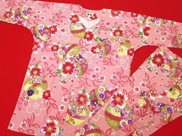 まりと桜（ピンク）巾広サイズ（３Ｌ） 大人鯉口シャツ単品