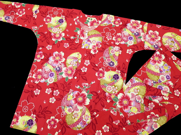 まりと桜（赤）巾広サイズ（３Ｌ） 大人鯉口シャツ単品
