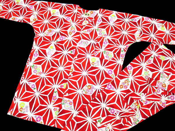 麻の葉紋様に花（赤）巾広サイズ（３Ｌ） 大人鯉口シャツ単品