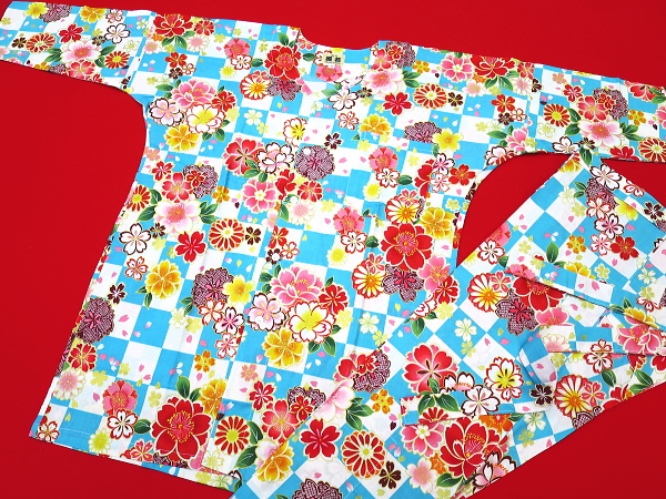 市松に桜（水色）超巾広サイズ（４Ｌ） 大人鯉口シャツ単品