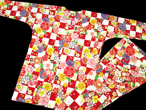 市松に桜（赤）超巾広サイズ（４Ｌ） 大人鯉口シャツ単品